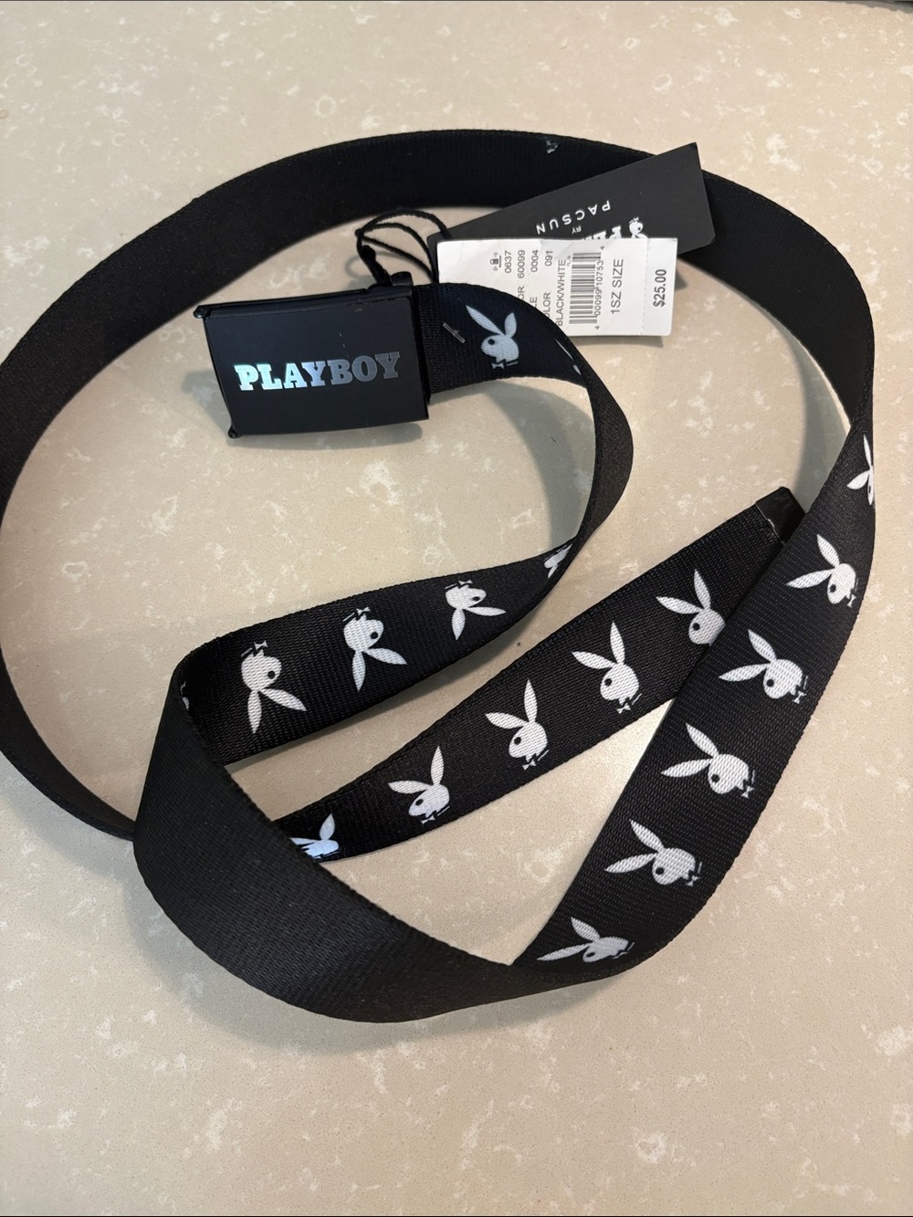 Playboy Young Men’s Black Logo Belt with White Bunny Print